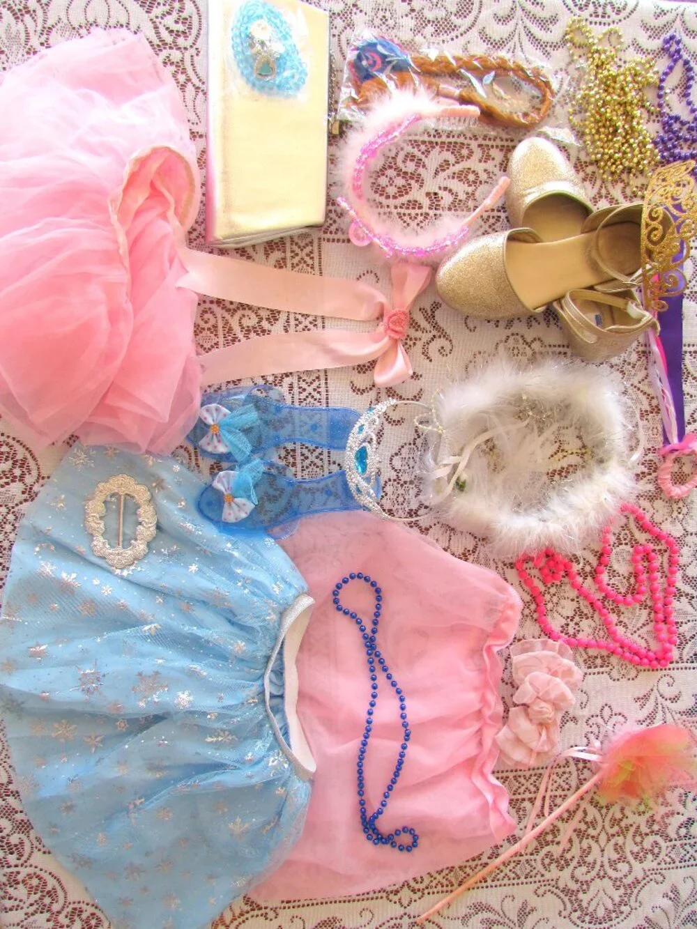 GIRL'S DRESS-UP ACCESSORIES for PLAY, TUTUS, GOLDEN SHOES, TIARAS, NECKLACES